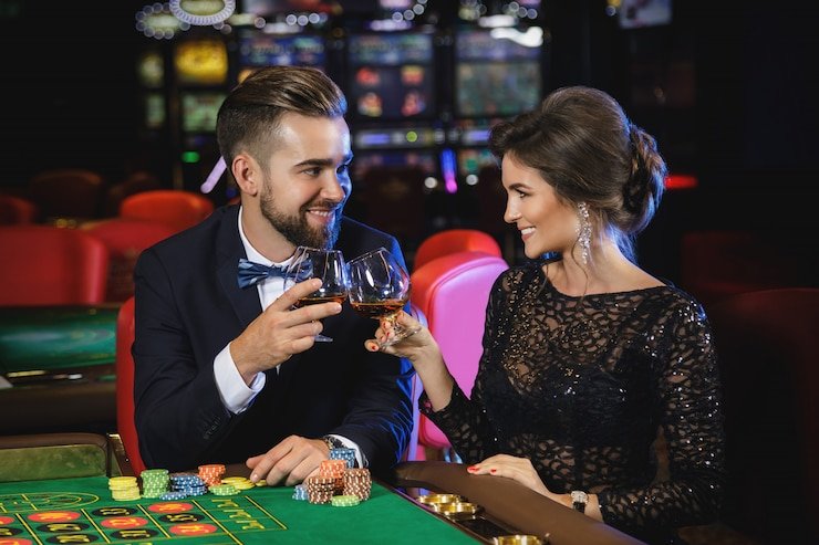 Dealer live casino profesional dengan tampilan stylish di studio permainan