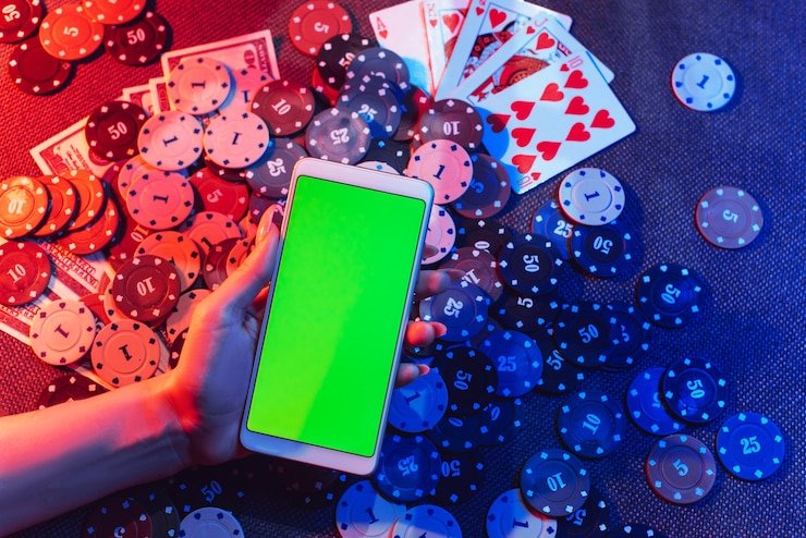 Ilustrasi permainan kasino live di layar ponsel dengan antarmuka bersih dan profesional